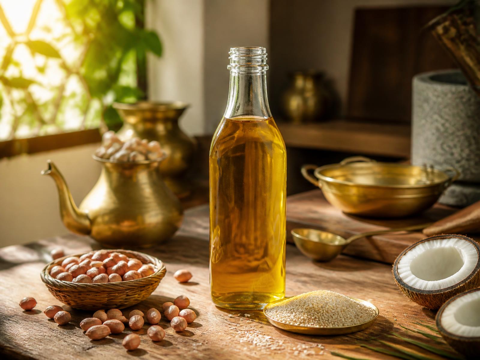 Cold-pressed oil in a glass bottle with groundnuts, sesame seeds and coconut in a warm Indian kitchen